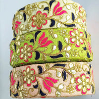 Thumbnail for Beige Fabric Trim In Fuchsia Pink, Black & Gold Floral Embroidery, Beaded Gota Patti
