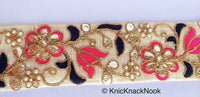 Thumbnail for Beige Fabric Trim In Fuchsia Pink, Black & Gold Floral Embroidery, Beaded Gota Patti