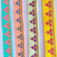 Thumbnail for Mirrored Yellow/ Mint Green/ Cyan Blue/ Melon Orange Fabric Trim With Gold Embroidery, Indian Sari border - 210119L291/92/93/94