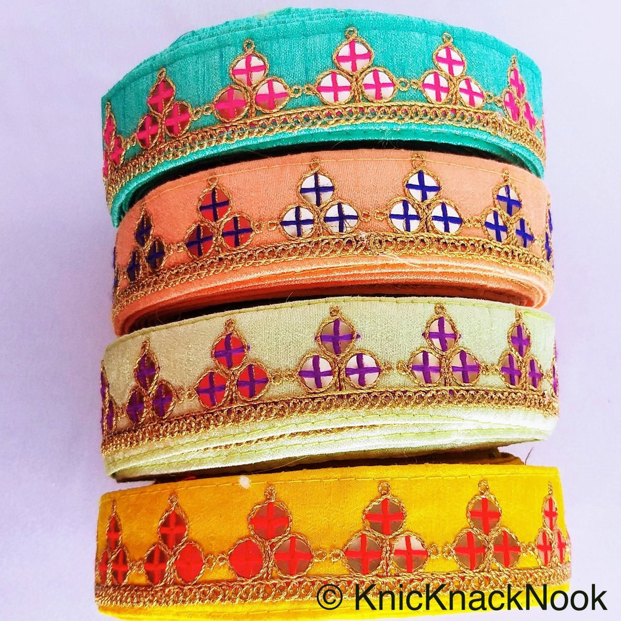 Mirrored Yellow/ Mint Green/ Cyan Blue/ Melon Orange Fabric Trim With Gold Embroidery, Indian Sari border - 210119L291/92/93/94