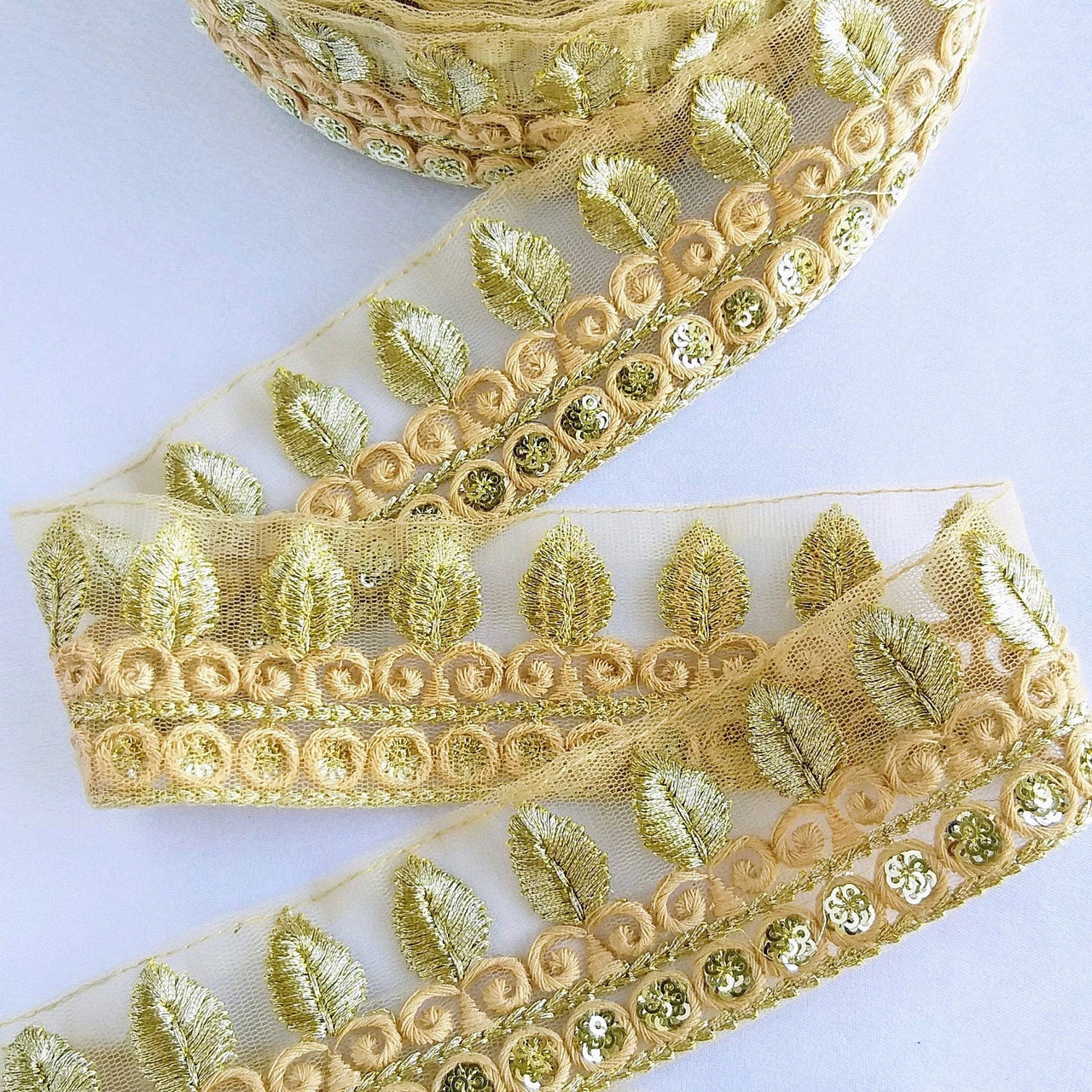 Tan Brown Nude Net Lace Trim With Beautiful  Brown And Gold Embroidery and Gold Sequins, Decorative Trim Costume Fashion Trim, Trim By Yard