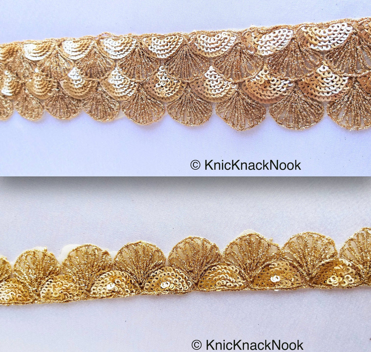 Bronze Shimmer Shell Pattern Scallop Thread Trim With Sequins, Approx. 45mm / 25mm, Sequins Trim - 210119L287 / 89Trim