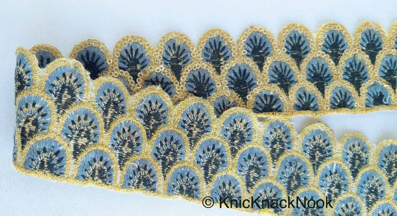 Trims: Grey, Black And Gold Embroidered Scallop Lace Trim, Approx. 50mm wide - 210119L311