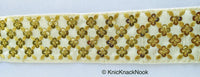Thumbnail for Beige Art Silk Fabric Trim With Gold Embroidery and Gold Sequins, Approx. 55mm Wide - 210119L166
