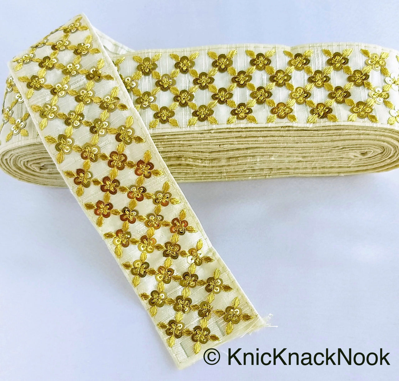Beige Art Silk Fabric Trim With Gold Embroidery and Gold Sequins, Approx. 55mm Wide - 210119L166
