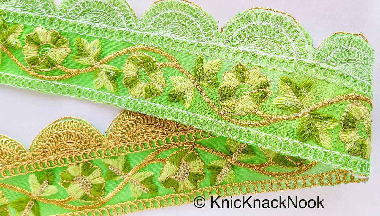 Green / Yellow / Orange And Gold Embroidered Fabric Trim With Floral Embroidery, Scallop Trim, Approx. 65mm Wide - 210119L174 / 75 / 76