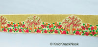 Thumbnail for Beige Fabric Trim With Intricate Floral And Trees Embroidery In Gold, Red, Green And Orange Thread
