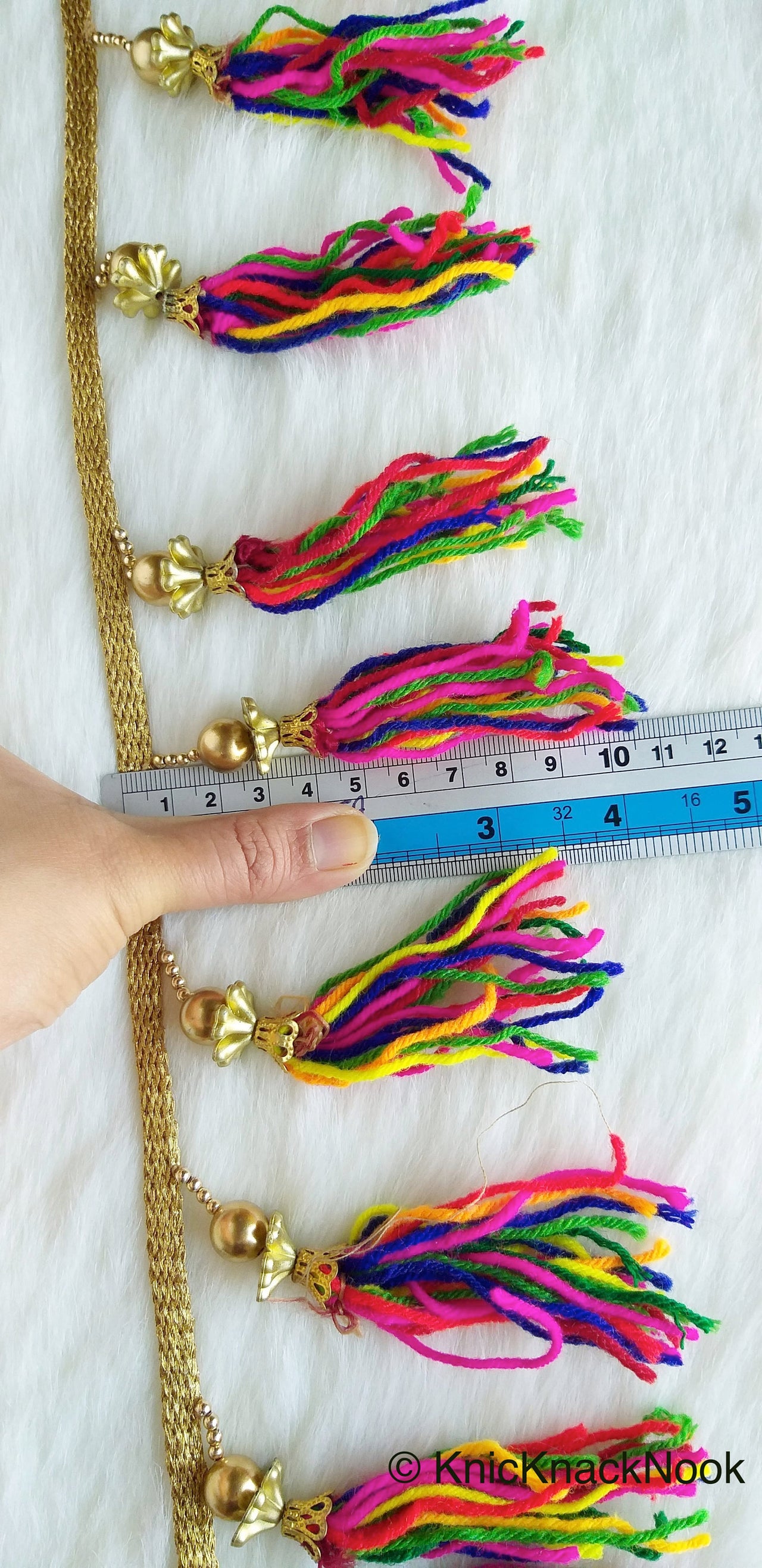 Multicoloured Tassels With Gold Beads, Antique Gold Fringe Trim