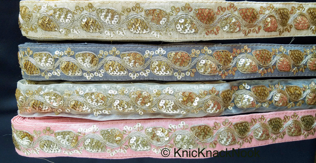 Light Beige Art Silk Fabric Trim With Gold Embroidery and Gold Sequins, Approx. 41mm Wide - 210119L171