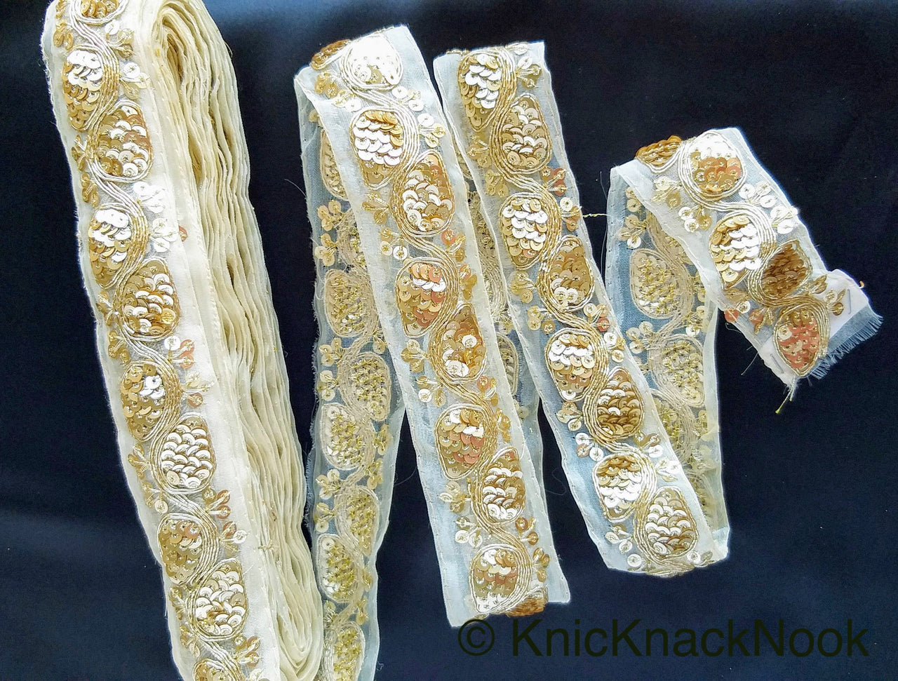 Light Beige Art Silk Fabric Trim With Gold Embroidery and Gold Sequins, Approx. 41mm Wide - 210119L171