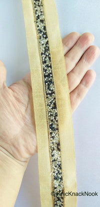 Thumbnail for Beige Fabric Trim With Black And White Beads Embellishments, Beaded Trim, Approx. 38mm