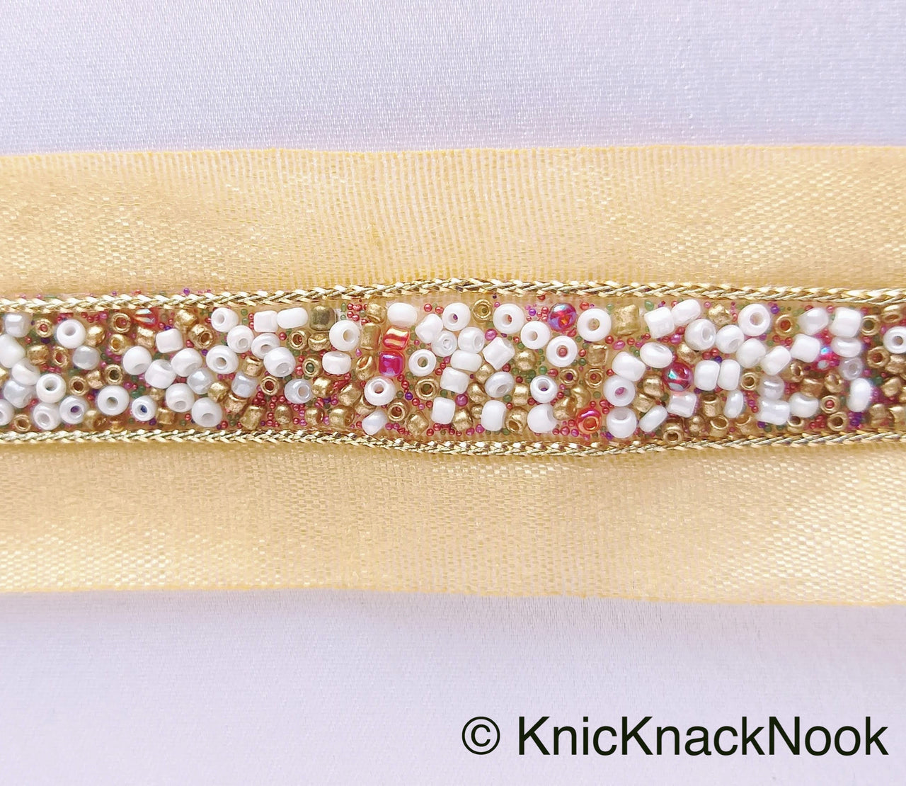 Beige Fabric Trim With Copper, Gold And White Beads Embellishments, Beaded Trim