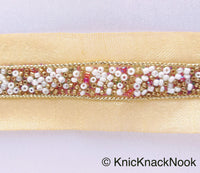 Thumbnail for Beige Fabric Trim With Copper, Gold And White Beads Embellishments, Beaded Trim