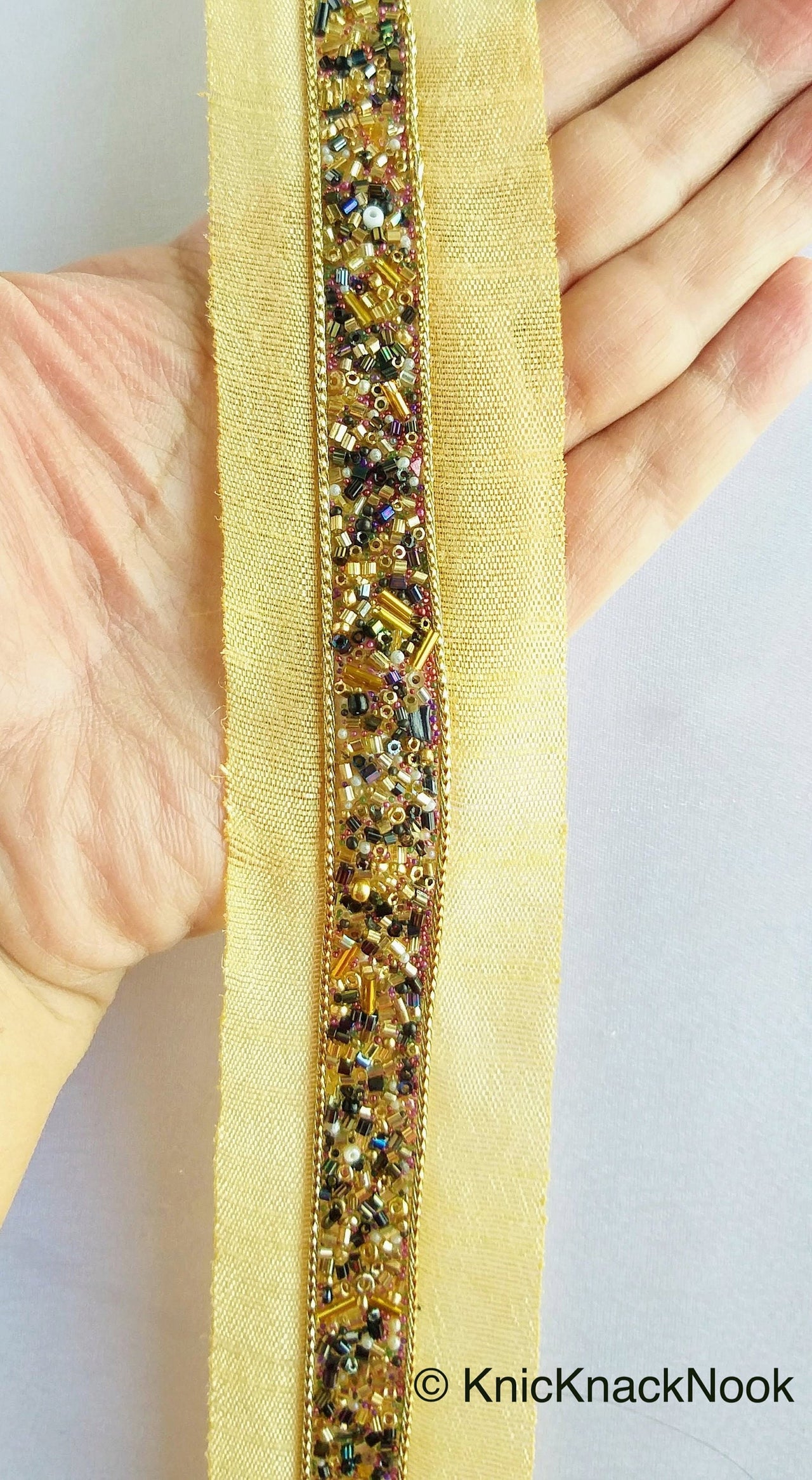 Beige Fabric Trim With Black, Gold And Pink Beads Embellishments, Beaded Trim