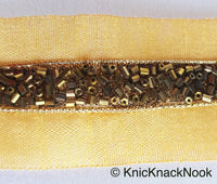 Thumbnail for Gold Beige Fabric Trim With Antique Gold and Antique Bronze Beads Embellishments, Beaded Trim, Approx. 38mm