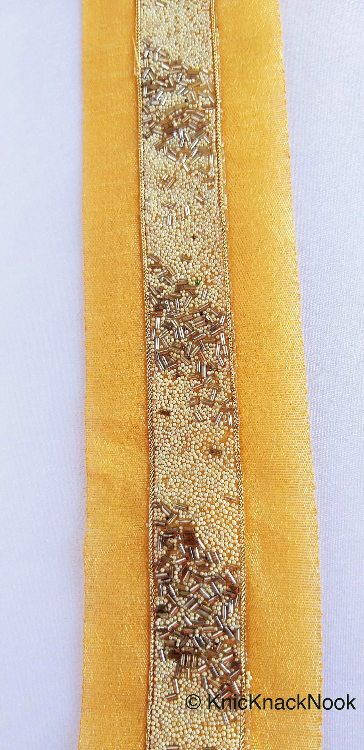 Beige Fabric Trim With Off White Seed Beads And Grey Bugle Beads Embellishments, Beaded Trim, Approx. 62mm