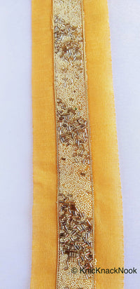 Thumbnail for Beige Fabric Trim With Off White Seed Beads And Grey Bugle Beads Embellishments, Beaded Trim, Approx. 62mm