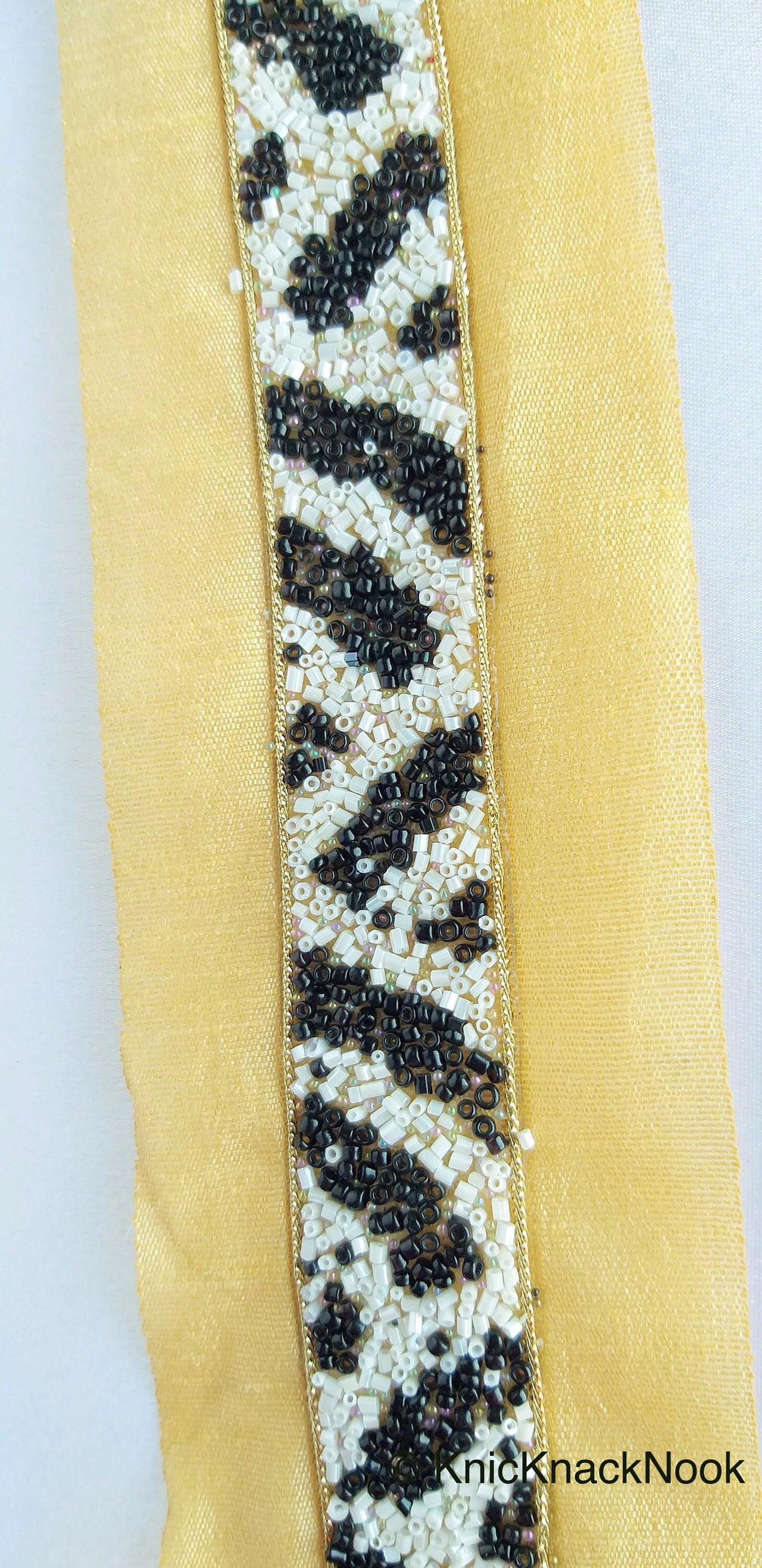 Beige Fabric Trim With Black And White Seed Beads Embellishments, Zebra Trim, Beaded Trim