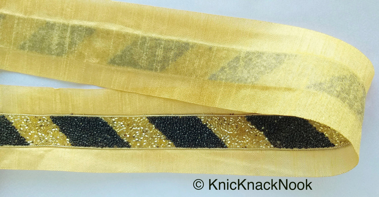 Gold Fabric Trim With Black Seed Beads And Gold Bugle Beads Embellishments, Stripe Beaded Trim, Approx. 65mm