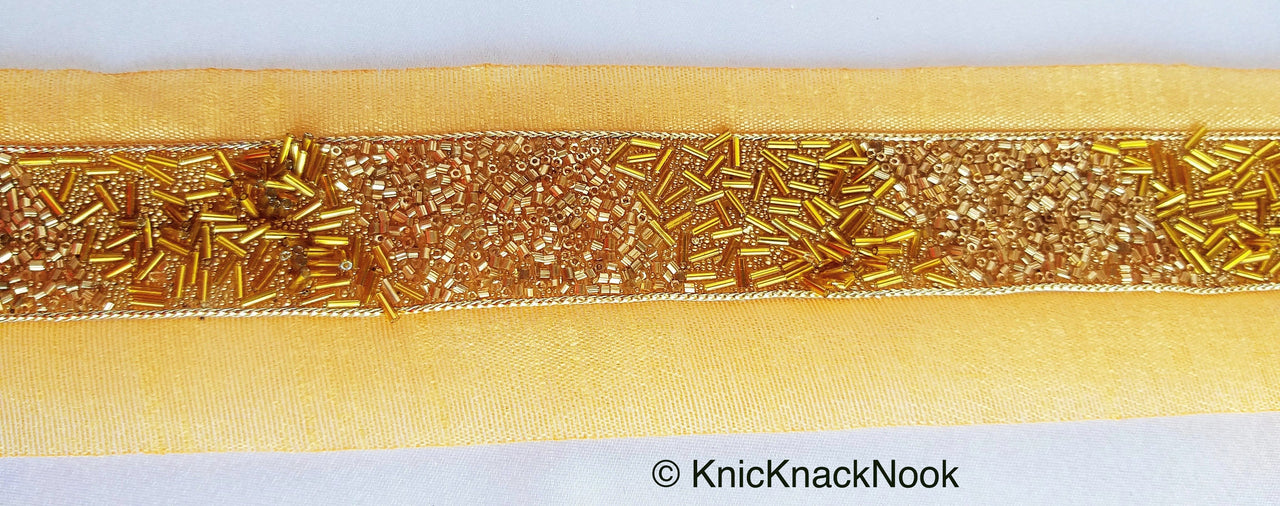 Beige Fabric Trim With Gold Seed Beads, Bugle Beads And Pipe Beads Embellishments, Beaded Trim