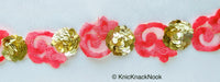 Thumbnail for Pink Lace Trim, Deep Blush Colour Tissue Fabric Cutwork With Floral Embroidery & Gold Sequins, 