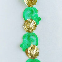 Thumbnail for Green Lace Trim, Tissue Fabric Cutwork With Floral Embroidery & Gold Sequins, 