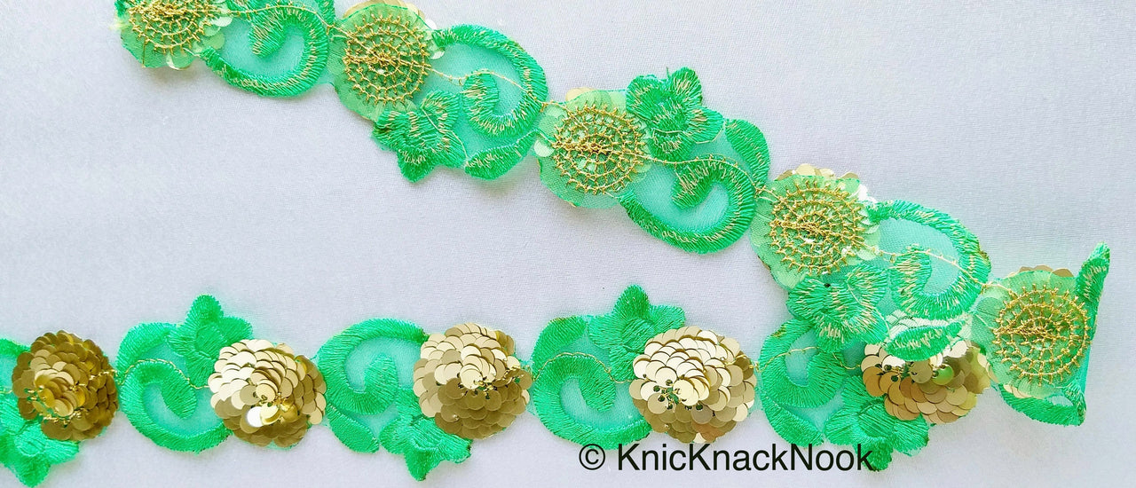Wholesale Green Trim, Tissue Fabric Cutwork Floral Embroidery & Gold Sequins Approx. 40mm Wide, Trim By 9 Yards Indian Sequins Border