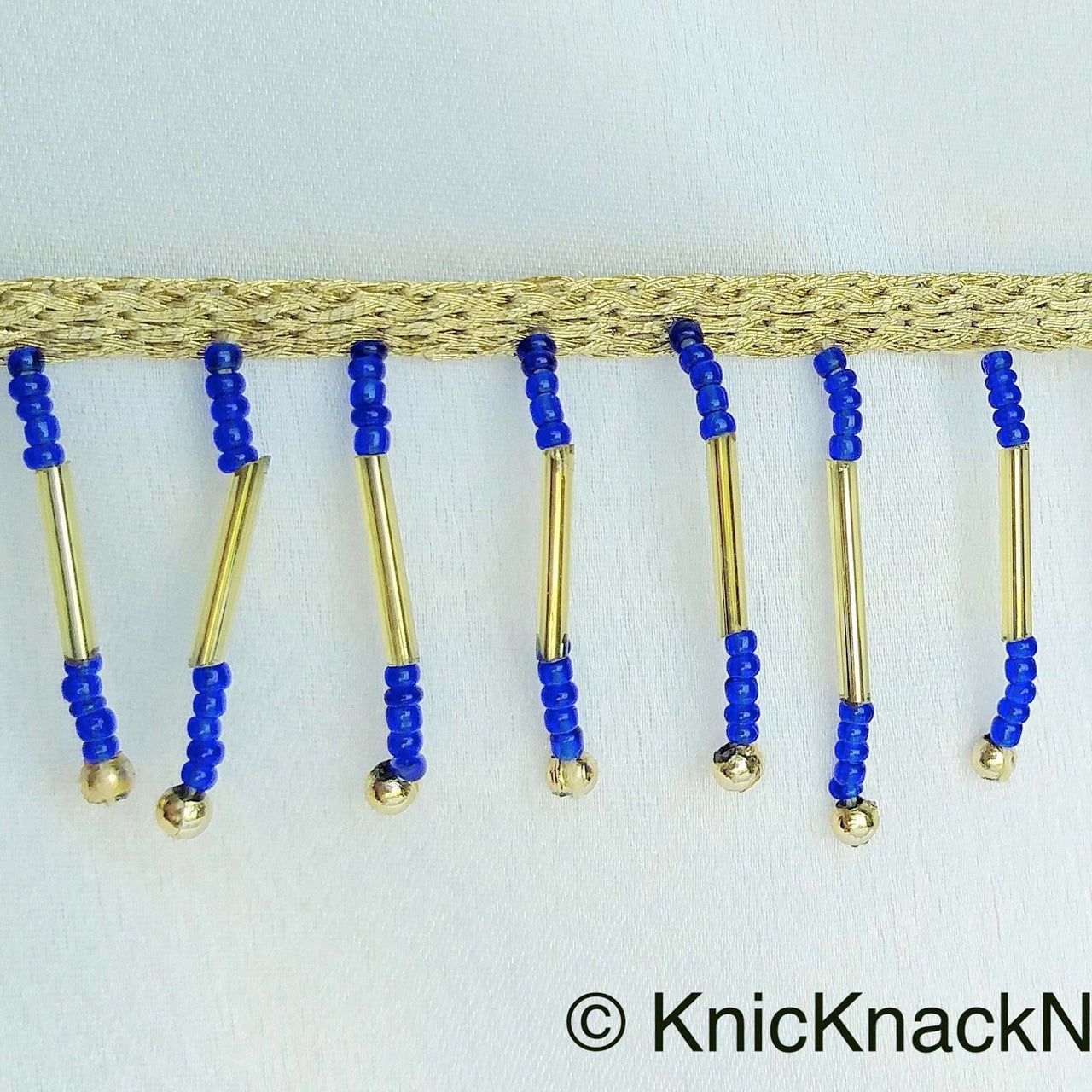 Gold Fringe Trim With Gold and Blue Beads Dangles, Beaded Tassels, Approx. 35mm wide