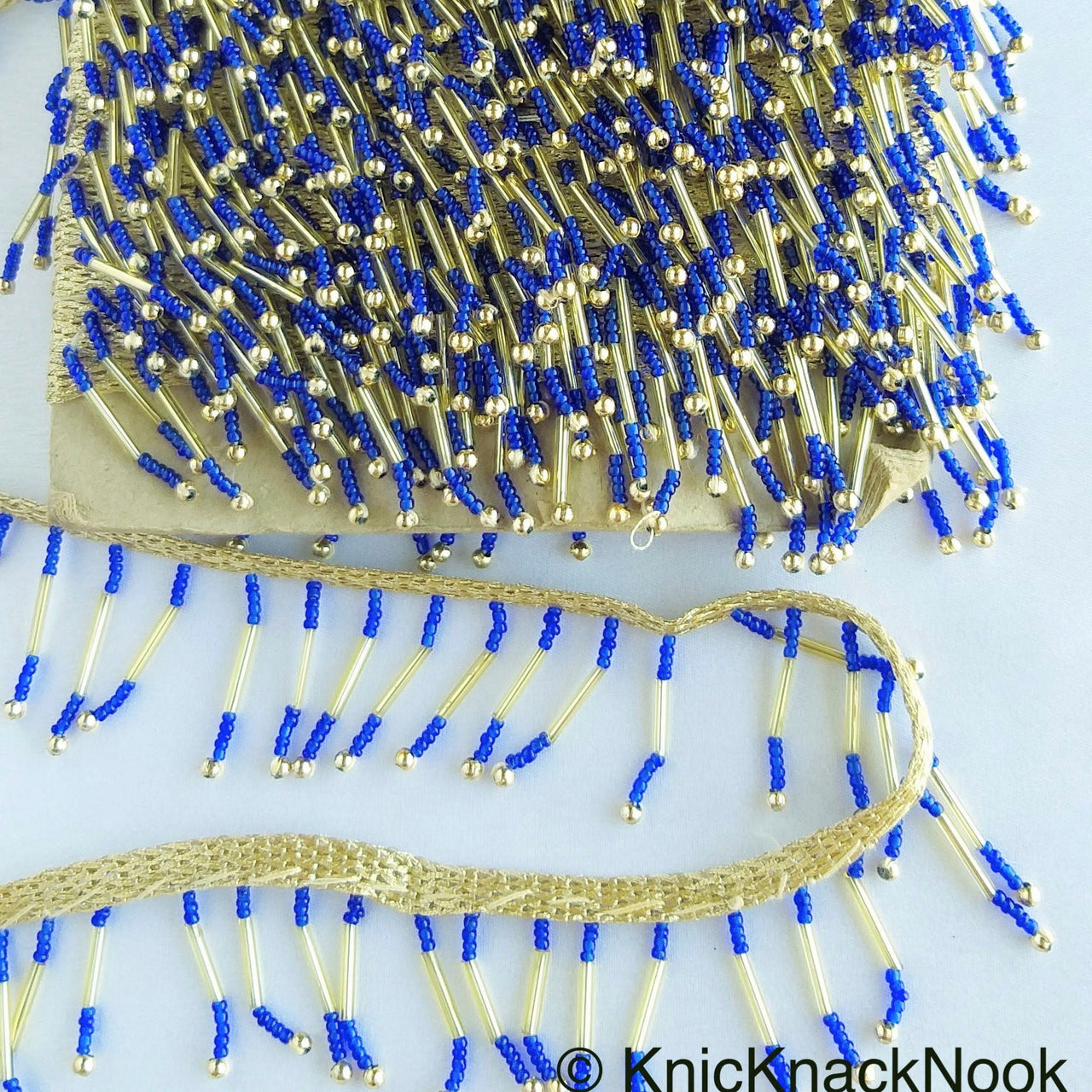 Gold Fringe Trim With Gold and Blue Beads Dangles, Beaded Tassels, Approx. 35mm wide