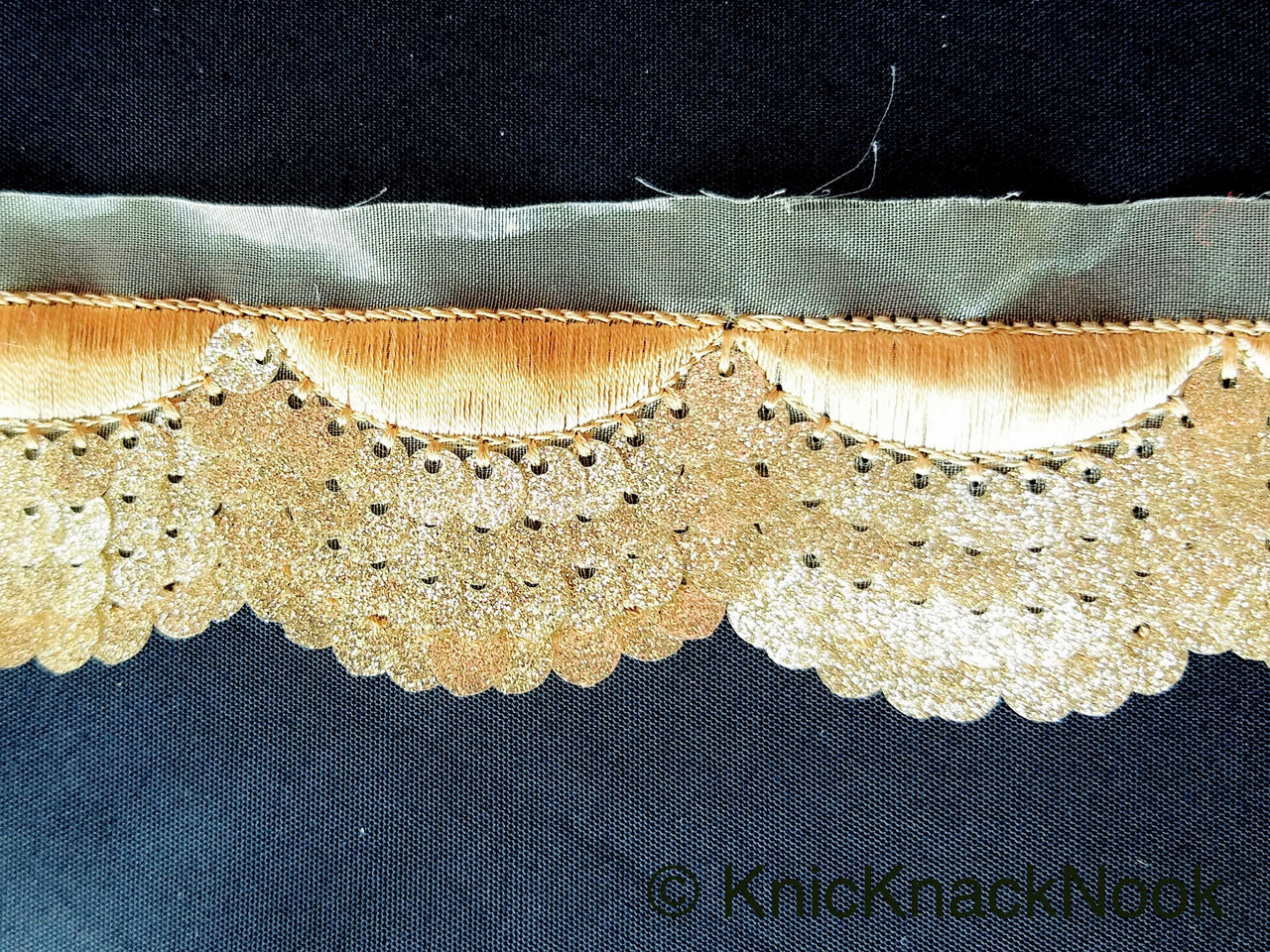Beige Sheer Fabric Trim Embroidered With Beige Silk Thread And Glitter Gold Sequins, Approx. 40mm Wide - 210119L22