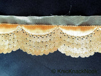 Thumbnail for Beige Sheer Fabric Trim Embroidered With Beige Silk Thread And Glitter Gold Sequins, Approx. 40mm Wide - 210119L22