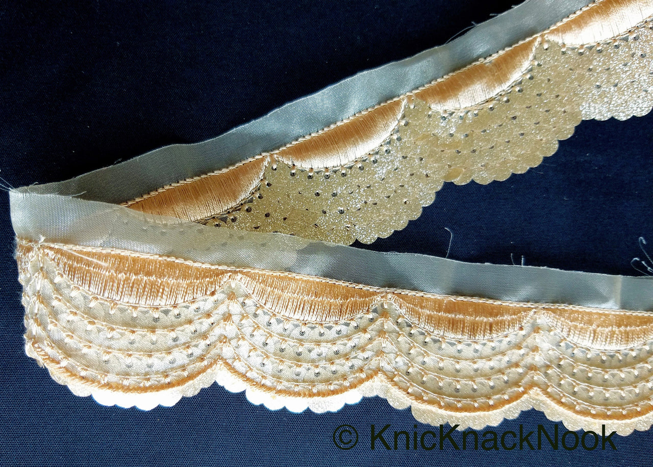 Wholesale Beige Sheer Fabric Trim Embroidered With Beige Silk Thread & Glitter Gold Sequins Approx. 40mm Wide Trim By 9 Yards, Sari Border