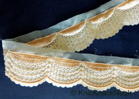 Thumbnail for Wholesale Beige Sheer Fabric Trim Embroidered With Beige Silk Thread & Glitter Gold Sequins Approx. 40mm Wide Trim By 9 Yards, Sari Border