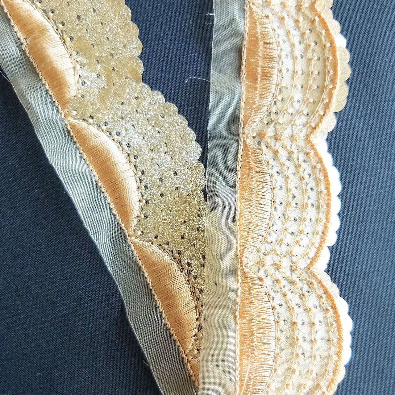 Beige Sheer Fabric Trim Embroidered With Beige Silk Thread And Glitter Gold Sequins, Approx. 40mm Wide - 210119L22