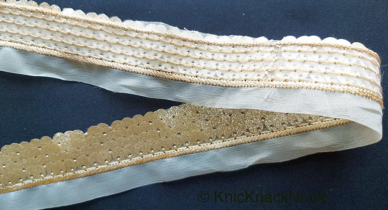 Beige Sheer Fabric Trim Embroidered With Beige Silk Thread And Glitter Gold Sequins, Approx. 33mm Wide -