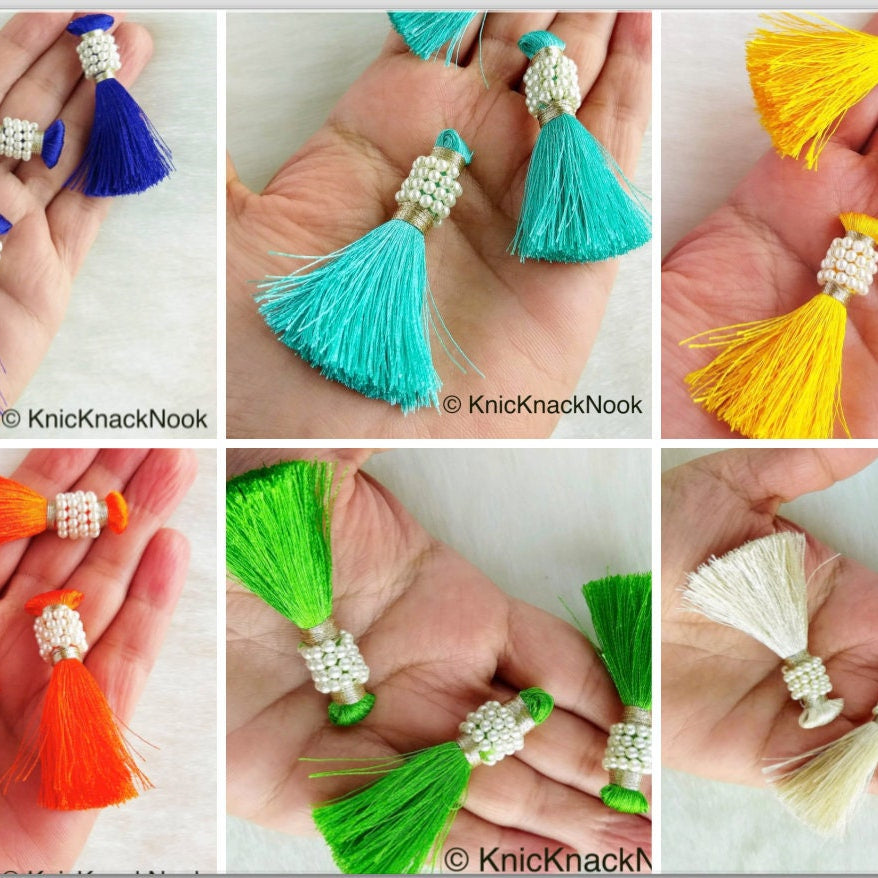 Various Colours Tassels With White Pearls Beads, Tassel Charms, Nylon Tassels x 6