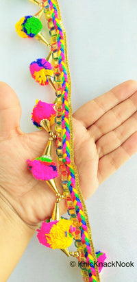 Thumbnail for Multicoloured Pom Pom Trim With Gold Conical Cap and White Cluster Beads, Approx. 50mm Wide - 210119L362