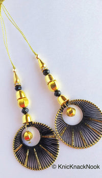 Thumbnail for Black Thread Latkan With Gold Beads And Rhinestone Spacer Beads, Woven Dangle Tassel, Indian Latkans