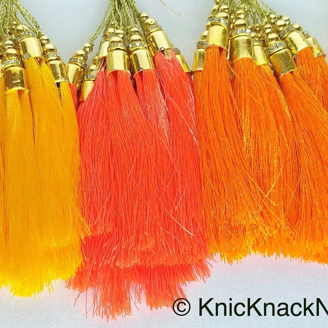 Valencia Orange Tassels With Gold Cap And Beads, Tassel Charms, Nylon Tassels x 12