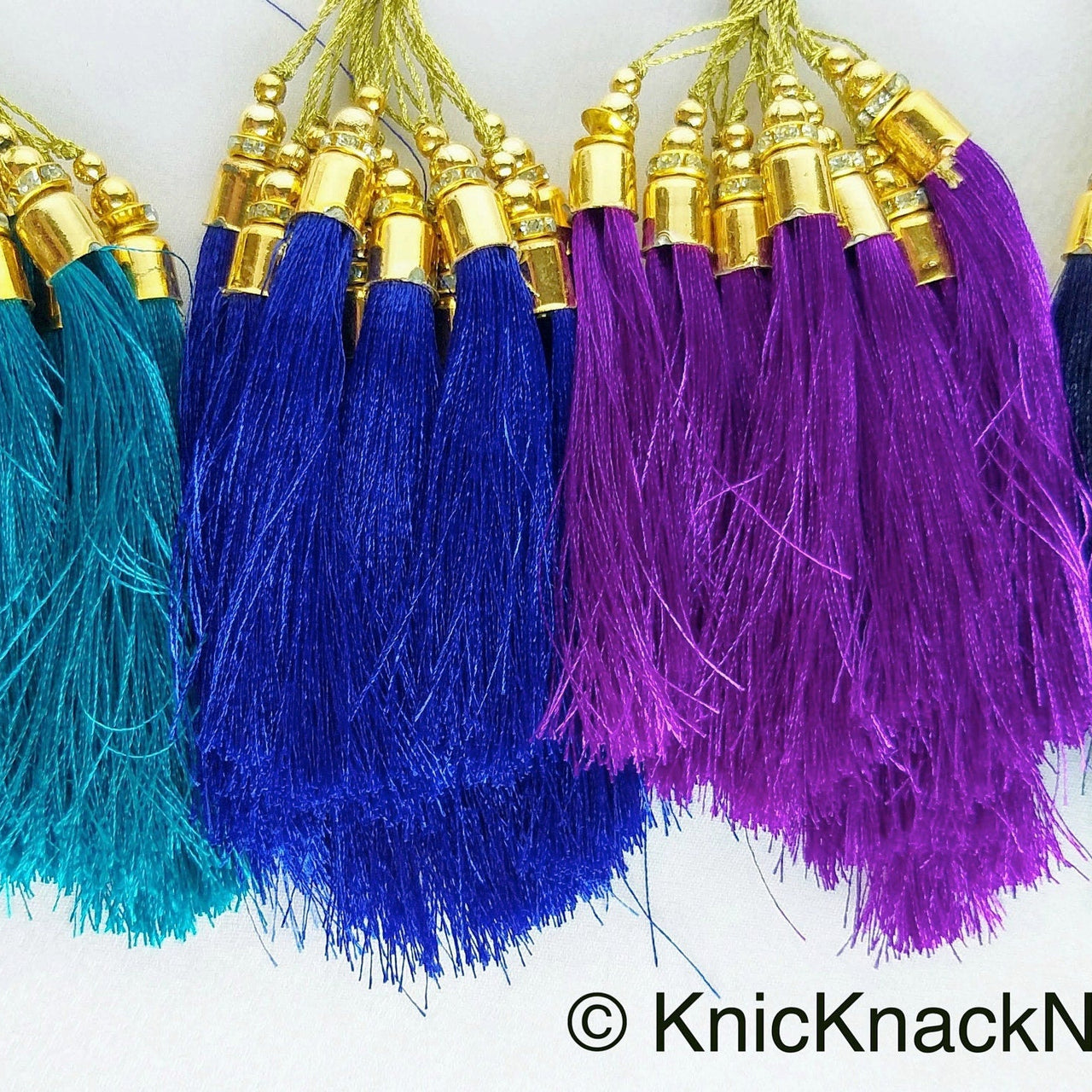 Violet Tassels With Gold Cap And Beads, Tassel Charms, Nylon Tassels x 12