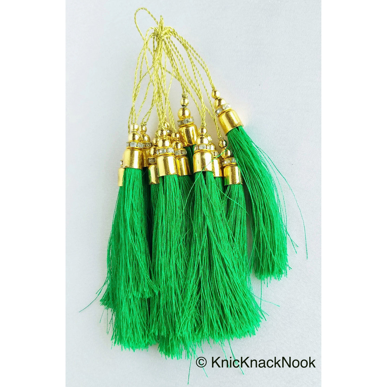 Crusoe, Dark Green Tassels With Gold Cap And Beads, Tassel Charms