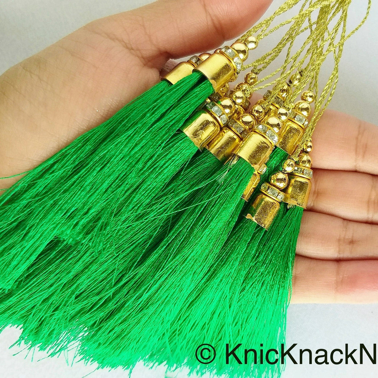 Crusoe, Dark Green Tassels With Gold Cap And Beads, Tassel Charms
