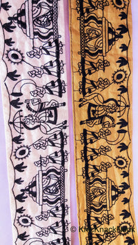 Thumbnail for Beige / White Silk Trim With Intricate Black Embroidery Of Indian Bride and Groom, Baraat, Wedding Trim, Man With Horse And Woman in SedanTrim