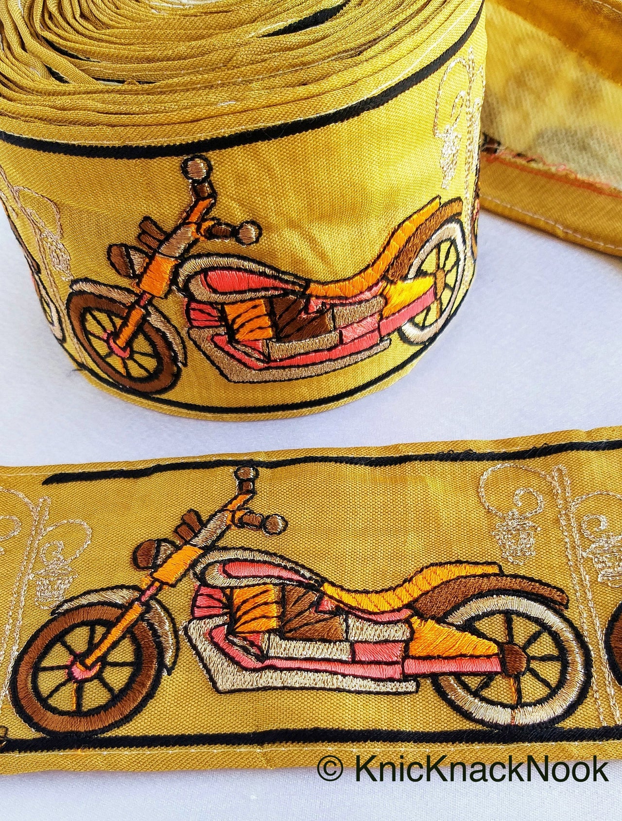 Wholesale Beige Fabric trim with Embroidered Motor Bikes - Brown, Orange, Light Gold & Pink Approx 80 mm Indian Decorative Trim Craft Ribbon