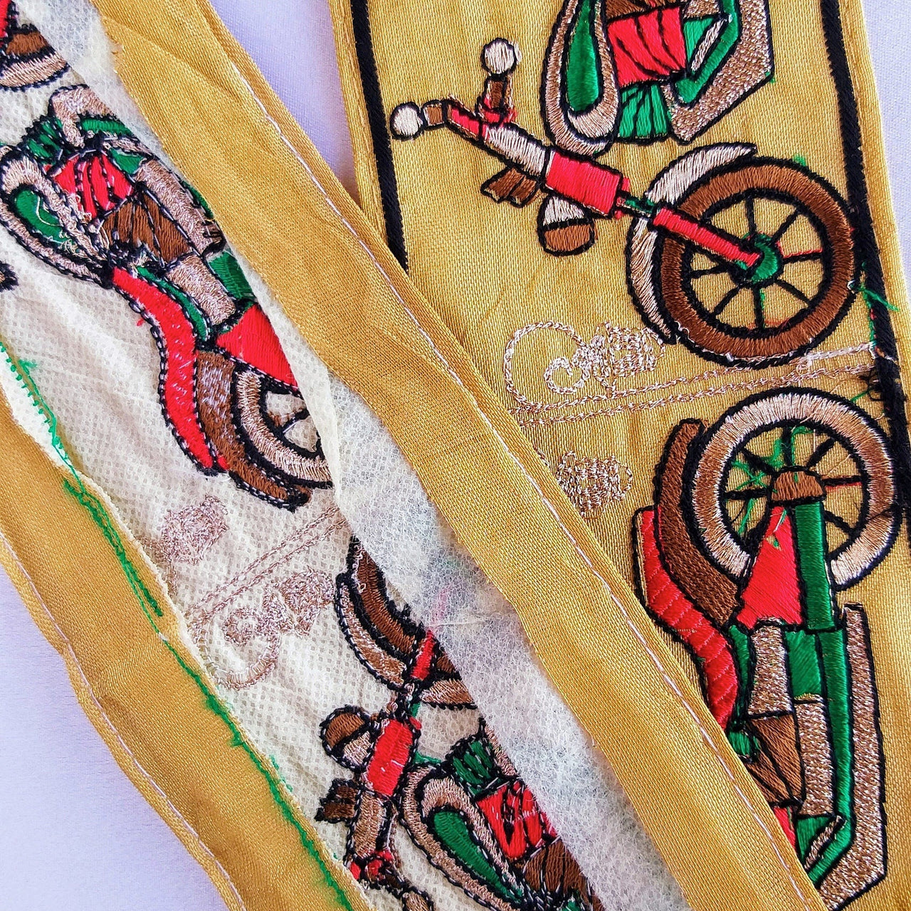 Beige Fabric trim with Embroidered Motorbikes - Brown, Red, Light Gold & Green