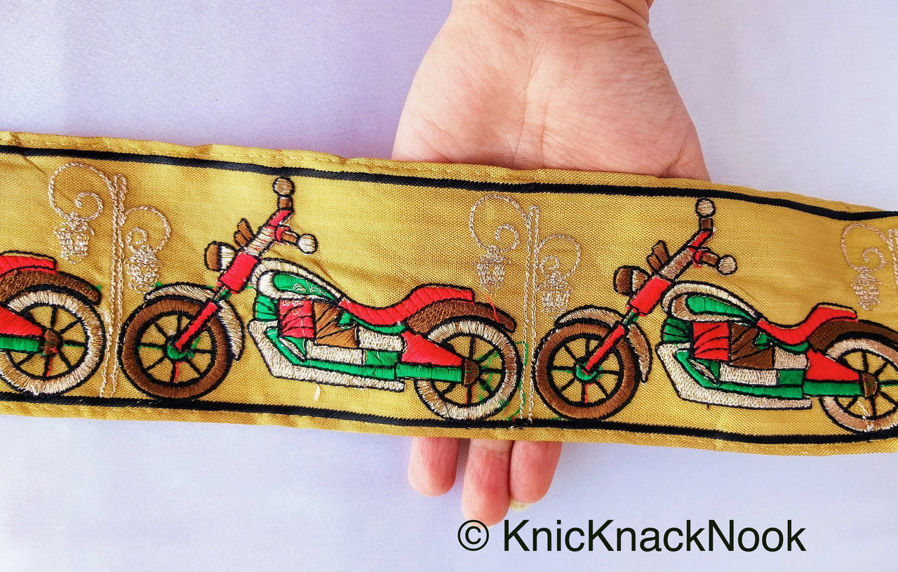 Beige Fabric trim with Embroidered Motorbikes - Brown, Red, Light Gold & Green