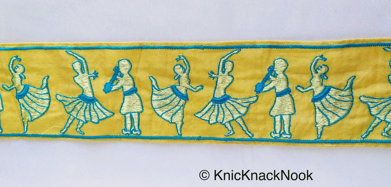 Beige Fabric Trim With Embroidered Dancers And Musicians in Gold & Black / Blue, Dance Music Trims, Approx. 80mm - 210119L514 / 15