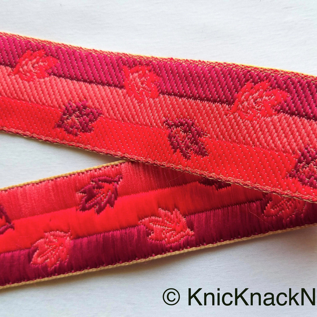 Red Embroidered Trim With Three Tones of Red Threads, Leaf Embroidery Trim, Approx. 34mm wide - 210119L43