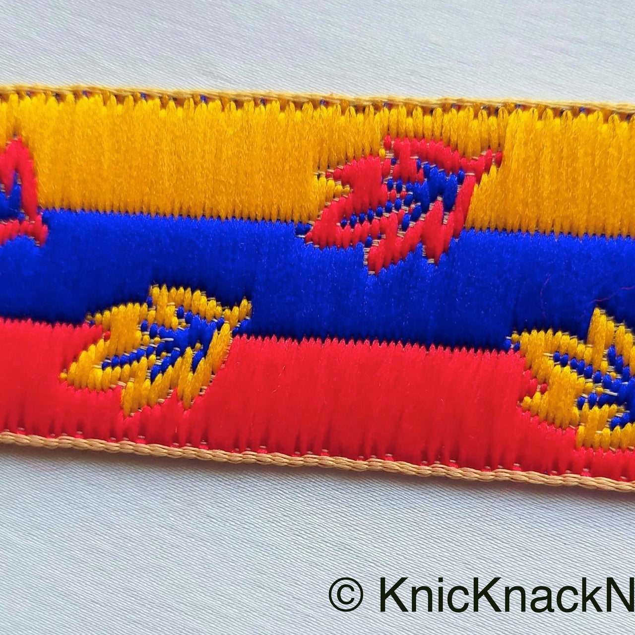 Red, Blue And Yellow Embroidered Trim, Leaf Embroidery Trim