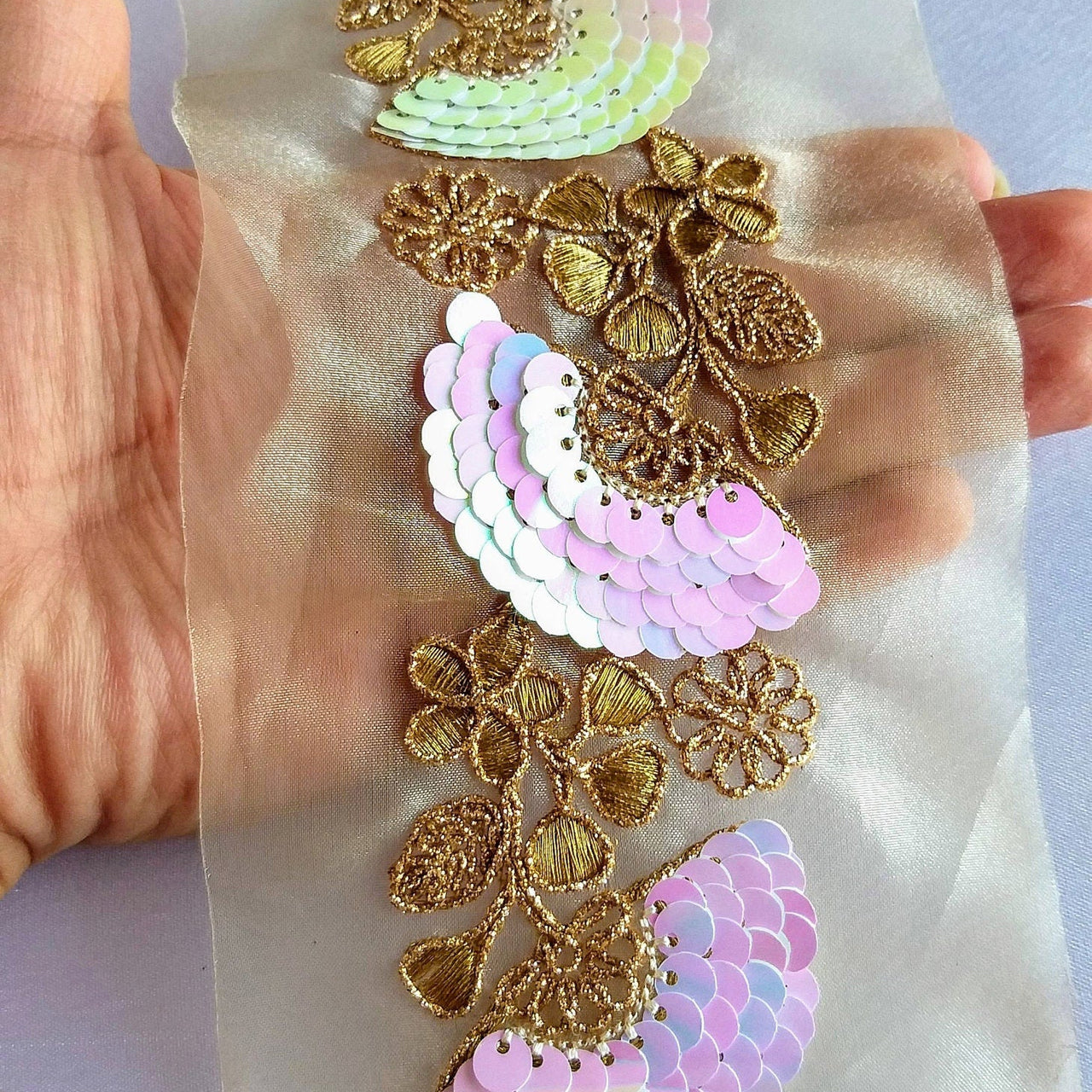 Gold Sheer Fabric Trim With Antique Gold Floral Embroidery And Pink White Two Tone Sequins Embellishments, Approx. 95mm Wide - 210119L124